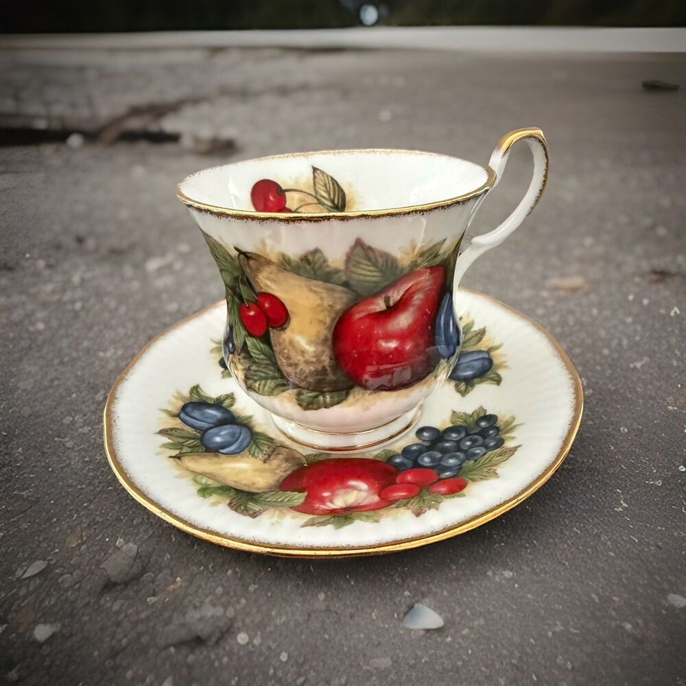 Queen's Fine Bone China  Vintage Fruit Footed 6oz Teacup And Saucer England
